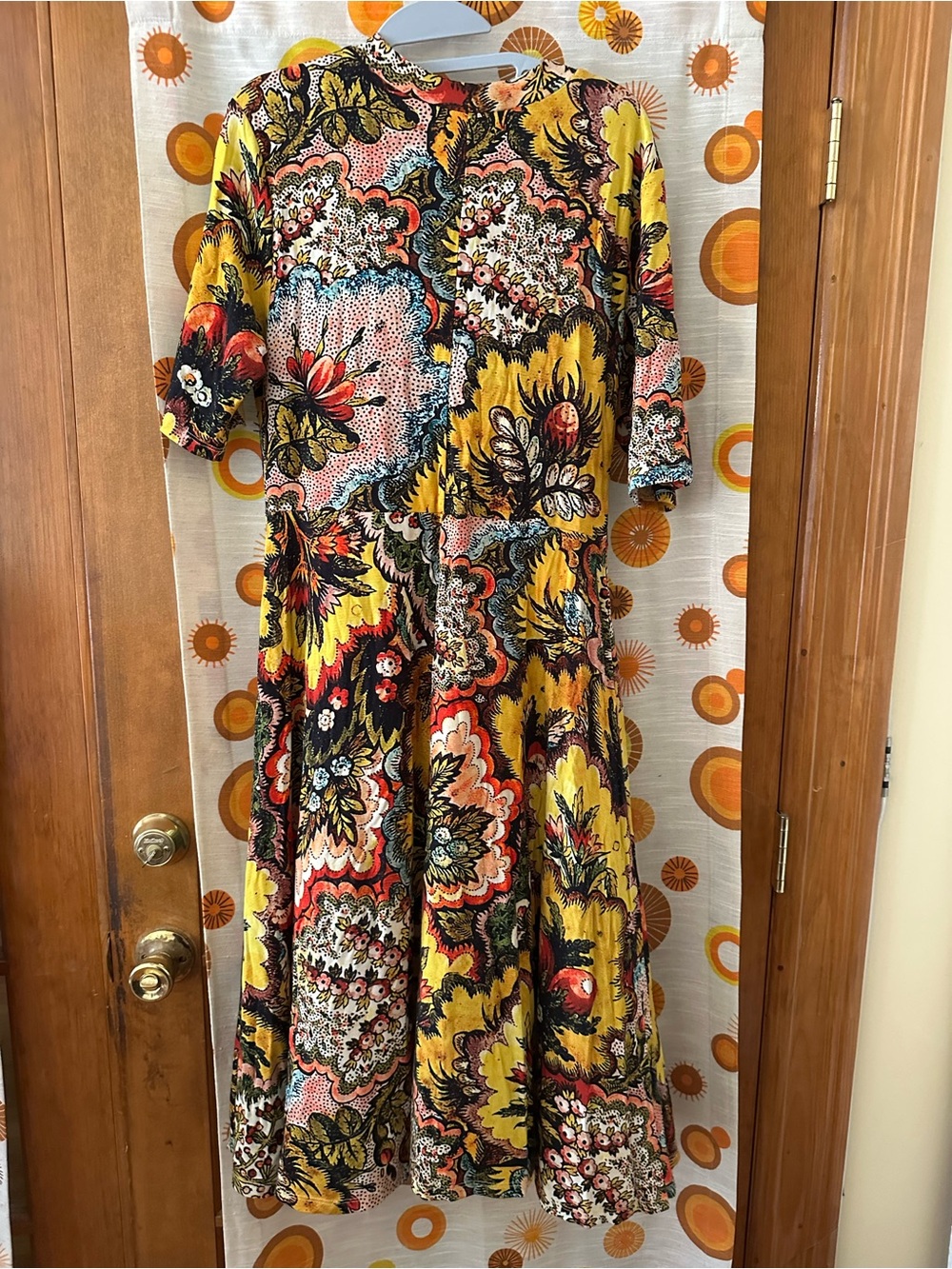 Vintage-Inspired Floral Midi Dress in Yellow and Multi-Color